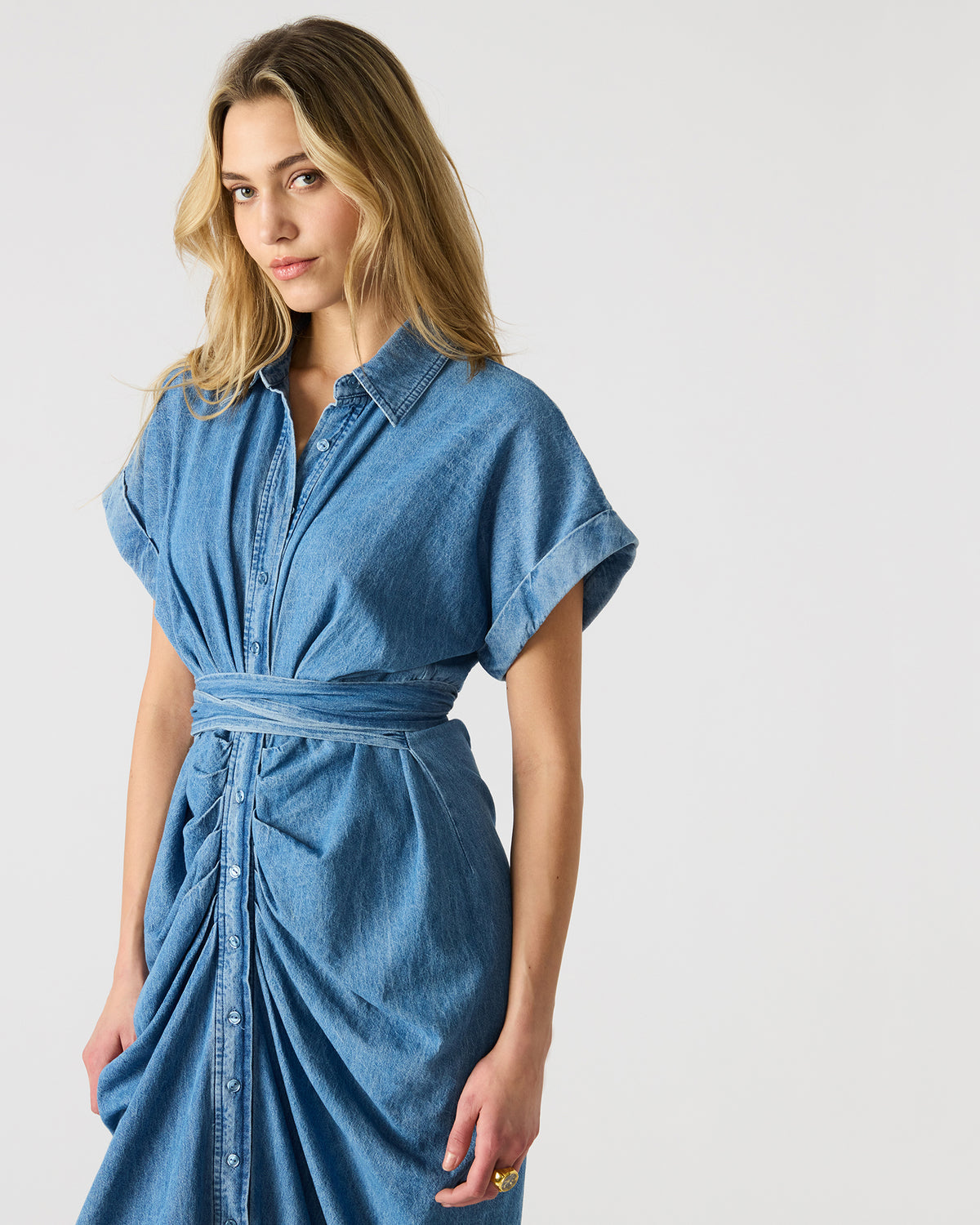 TORI Denim Button Up Collared Midi Dress Steve Madden DENIM FABRIC