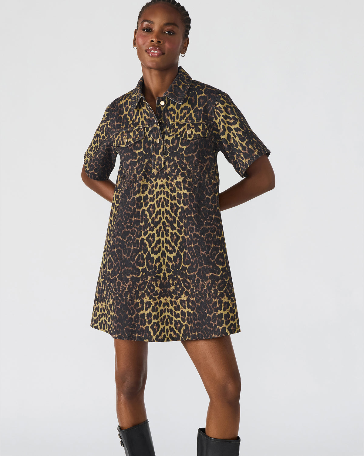 FREDDY Hot Spots Print Short-Sleeved Denim Button-Up Mini Women's Dress Steve Madden HOT SPOTS PRINT