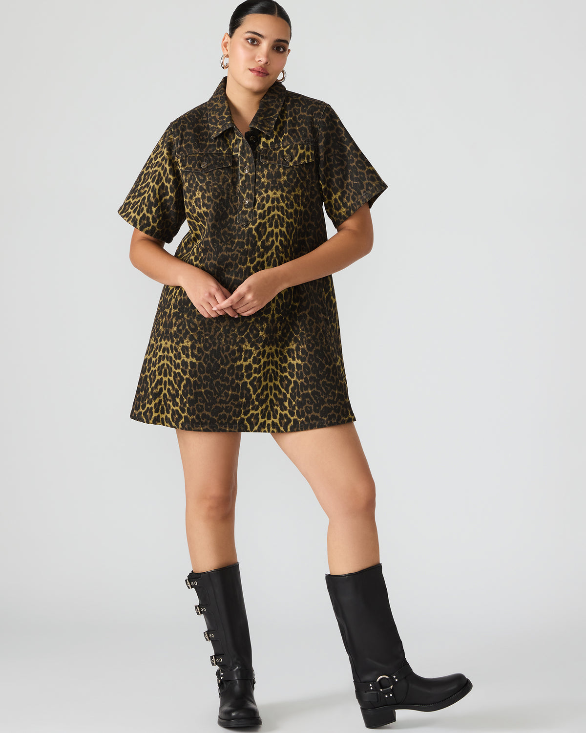 FREDDY Hot Spots Print Short-Sleeved Denim Button-Up Mini Women's Dress Steve Madden HOT SPOTS PRINT