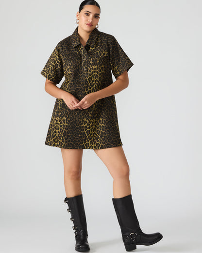 FREDDY Hot Spots Print Short-Sleeved Denim Button-Up Mini Women's Dress Steve Madden HOT SPOTS PRINT