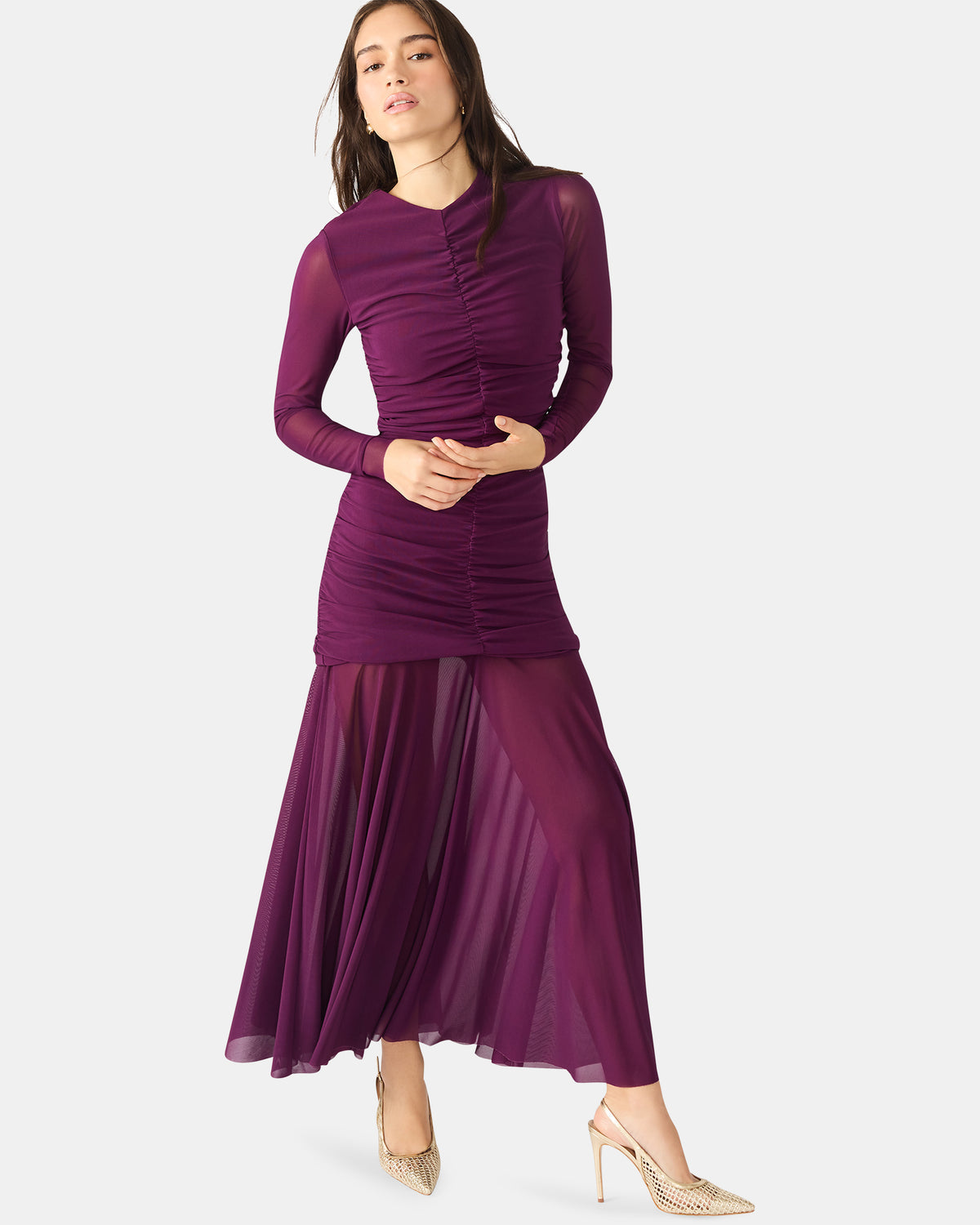 KIARA Beet Long-Sleeved Maxi Mesh Flowy Women's Dress Steve Madden BEET