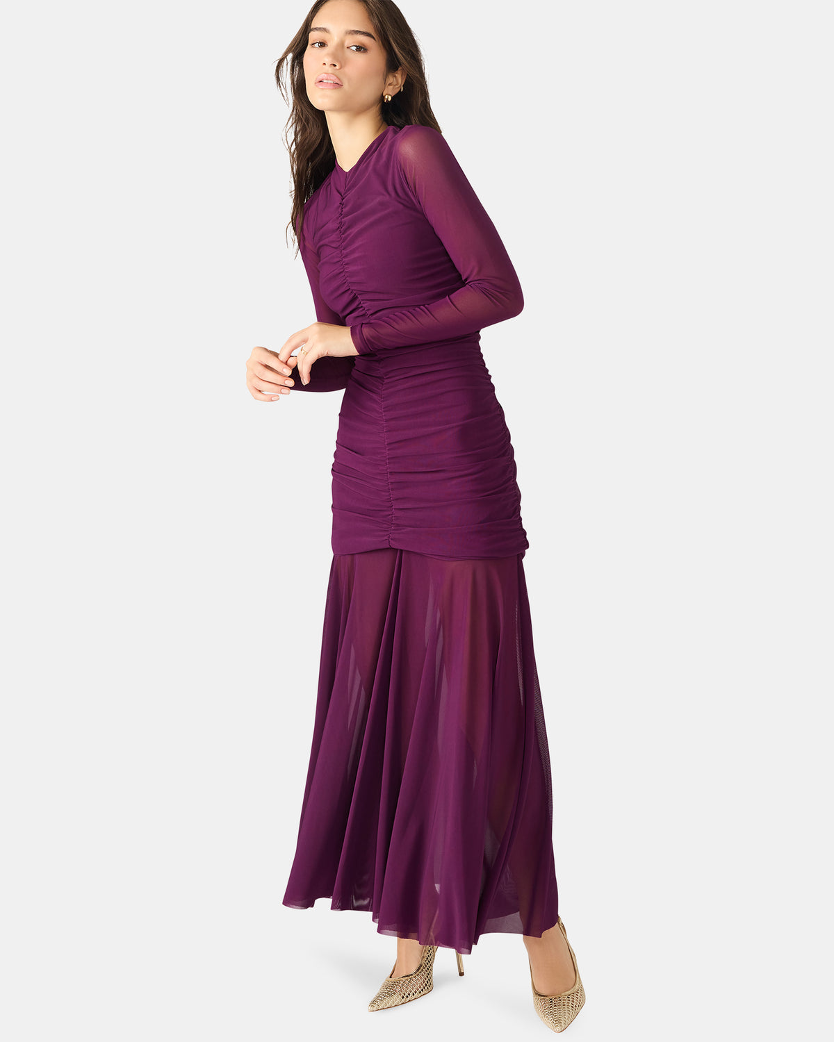 KIARA Beet Long-Sleeved Maxi Mesh Flowy Women's Dress Steve Madden BEET