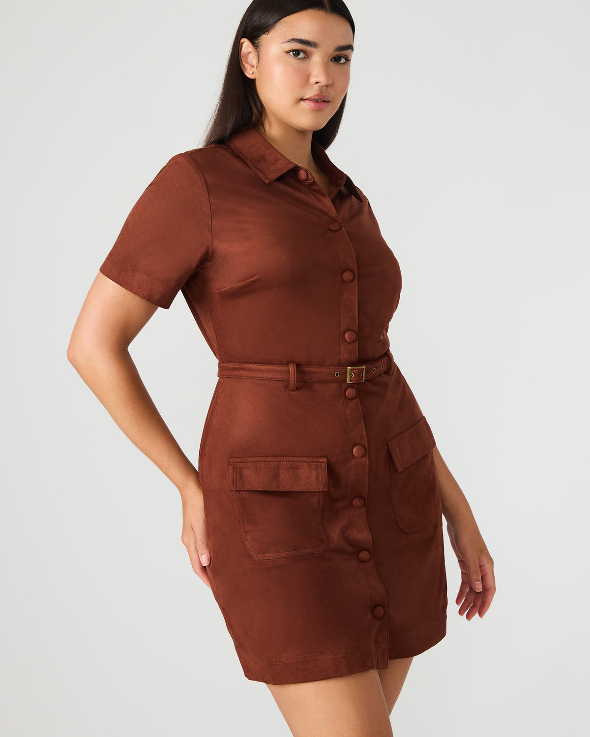 JOLIANA Dark Fig Short-Sleeved Mini Button-Up Women's Dress Steve Madden DARK FIG