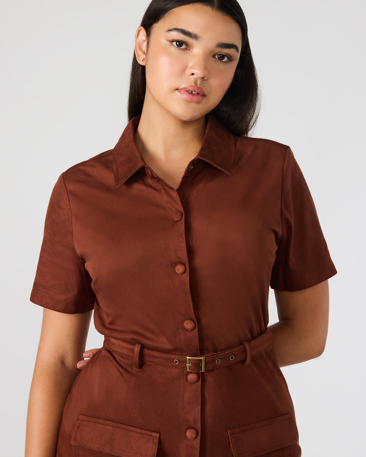 JOLIANA Dark Fig Short-Sleeved Mini Button-Up Women's Dress Steve Madden DARK FIG