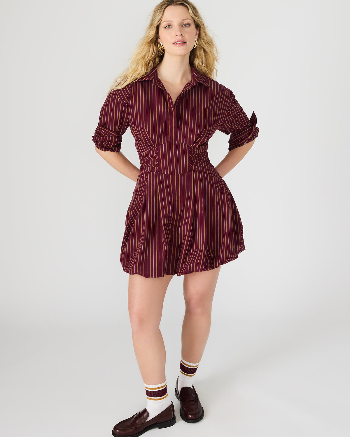 ARIELLE Wine Long-Sleeved Button-Up Bubble Women's Dress Steve Madden WINE