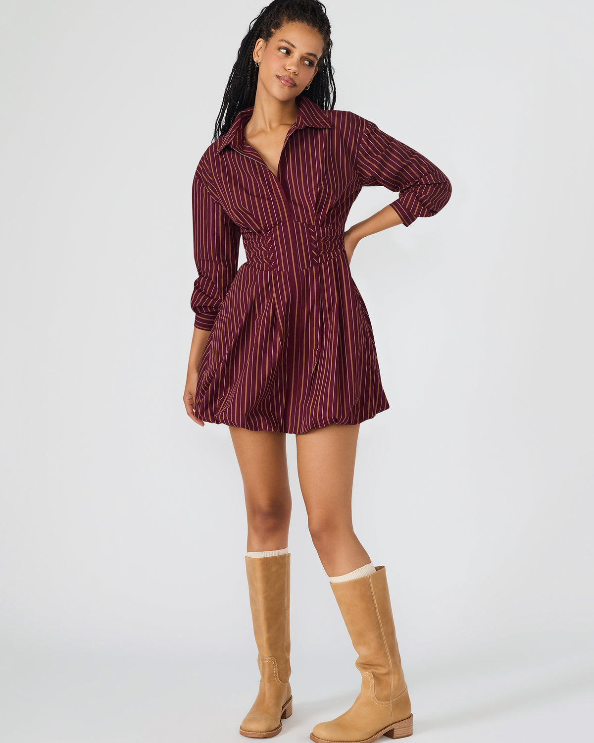 ARIELLE Wine Long-Sleeved Button-Up Bubble Women's Dress Steve Madden WINE