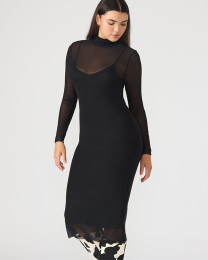 HAILEE Black Long-Sleeved Mesh Pull-On Mock Neck Midi Women's Dress Steve Madden BLACK