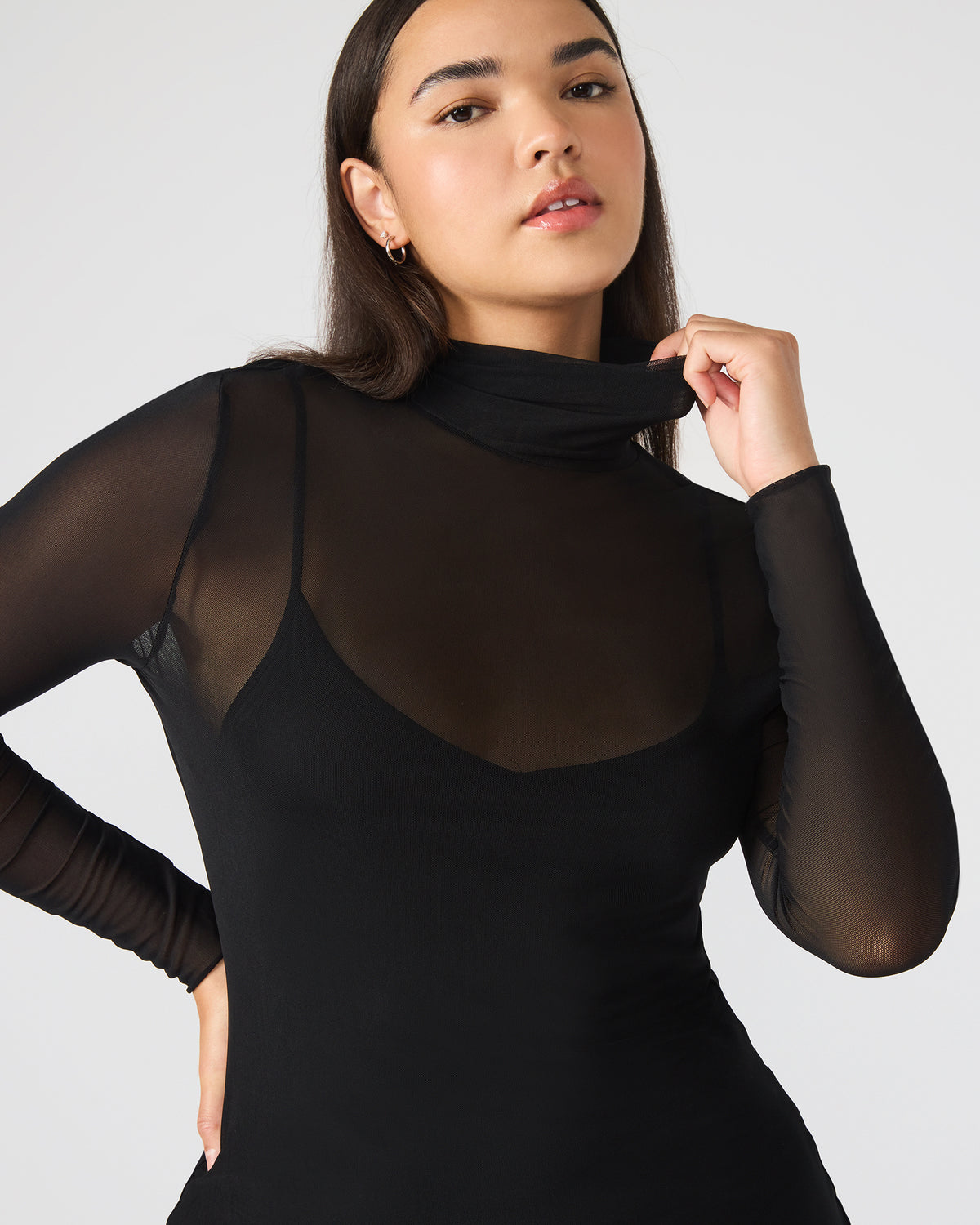 HAILEE Black Long-Sleeved Mesh Pull-On Mock Neck Midi Women's Dress Steve Madden BLACK