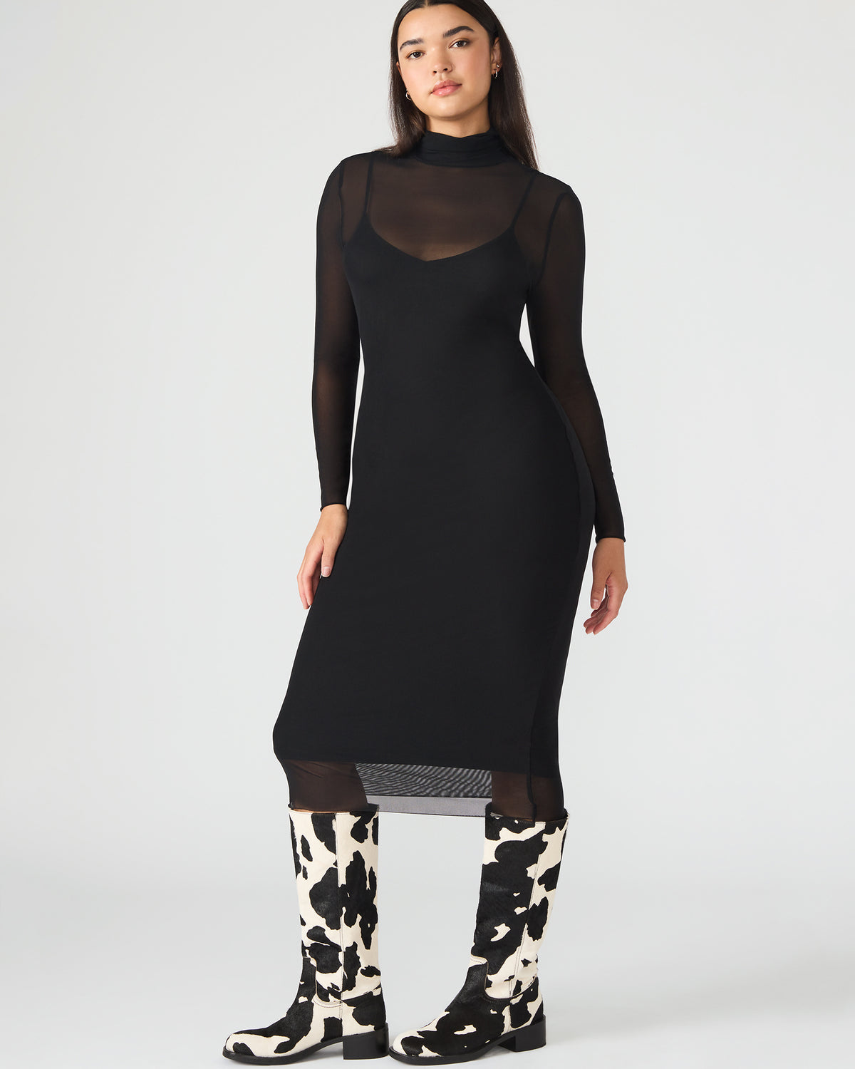 HAILEE Black Long-Sleeved Mesh Pull-On Mock Neck Midi Women's Dress Steve Madden BLACK