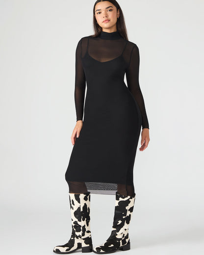 HAILEE Black Long-Sleeved Mesh Pull-On Mock Neck Midi Women's Dress Steve Madden BLACK