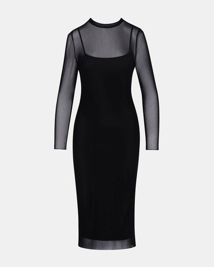 HAILEE Black Long-Sleeved Mesh Pull-On Mock Neck Midi Women's Dress Steve Madden BLACK