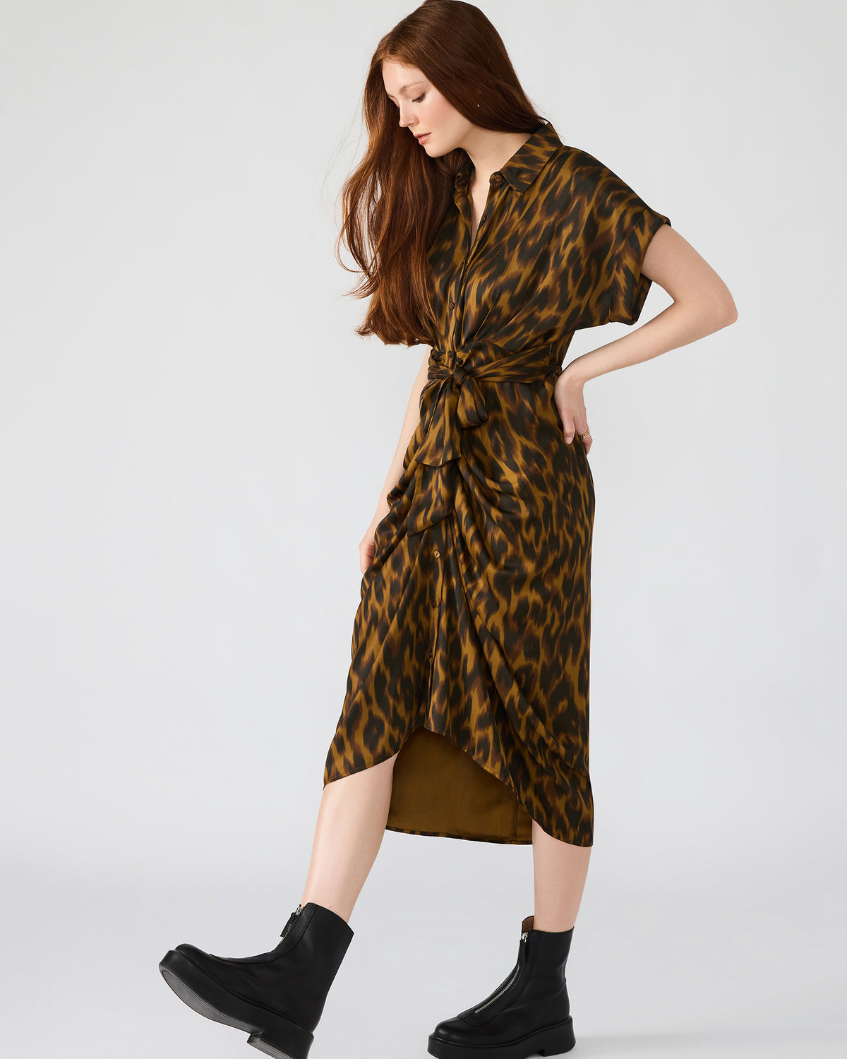 TORI Leopard Button Up Collared Midi Dress Steve Madden LEOPARD