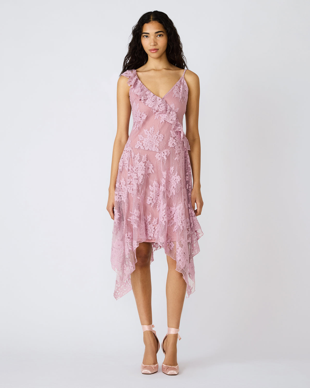 DARIELLA Mauve Shadows Sleeveless Asymmetrical Ruffle Lace Mesh Women's Midi Dress Steve Madden MAUVE SHADOWS