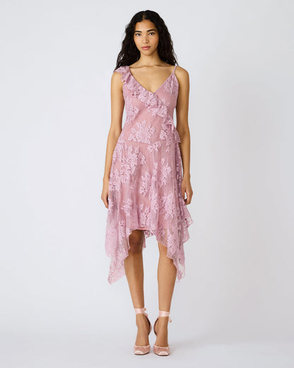 DARIELLA Mauve Shadows Sleeveless Asymmetrical Ruffle Lace Mesh Women's Midi Dress Steve Madden MAUVE SHADOWS