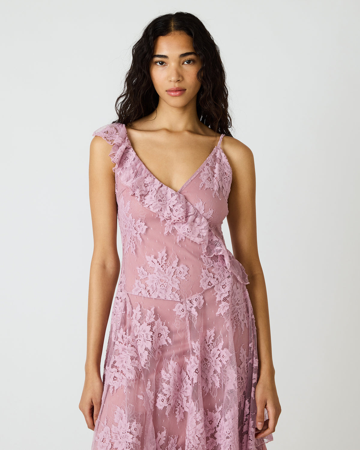 DARIELLA Mauve Shadows Sleeveless Asymmetrical Ruffle Lace Mesh Women's Midi Dress Steve Madden MAUVE SHADOWS