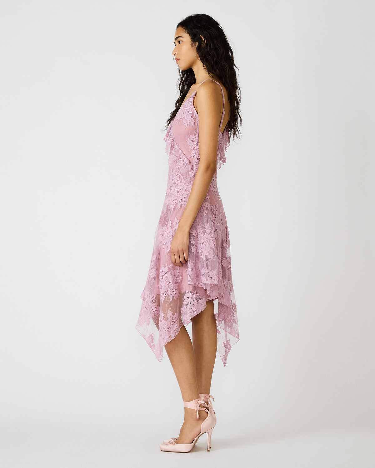 DARIELLA Mauve Shadows Sleeveless Asymmetrical Ruffle Lace Mesh Women's Midi Dress Steve Madden MAUVE SHADOWS