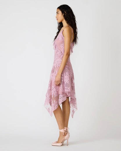 DARIELLA Mauve Shadows Sleeveless Asymmetrical Ruffle Lace Mesh Women's Midi Dress Steve Madden MAUVE SHADOWS