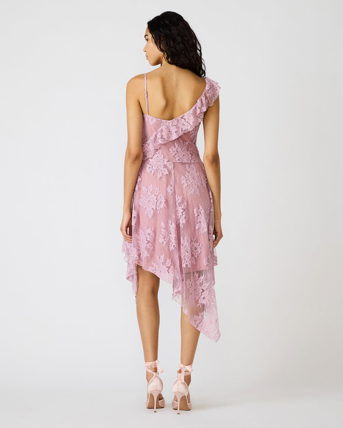 DARIELLA Mauve Shadows Sleeveless Asymmetrical Ruffle Lace Mesh Women's Midi Dress Steve Madden MAUVE SHADOWS