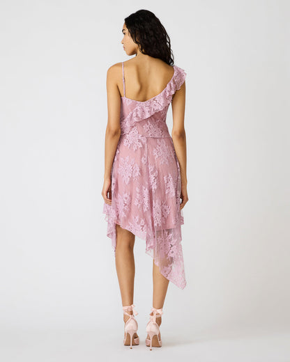 DARIELLA Mauve Shadows Sleeveless Asymmetrical Ruffle Lace Mesh Women's Midi Dress Steve Madden MAUVE SHADOWS