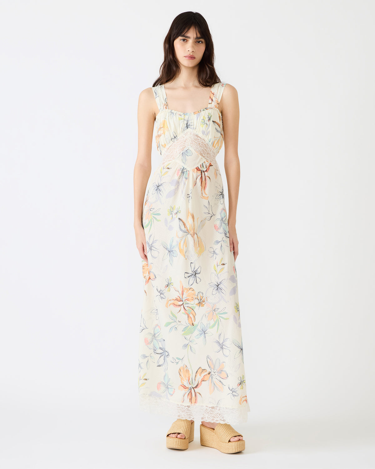 ALEXUS Vintage Ivory Flowy Lace Trim Flowy Women's Maxi Dress Steve Madden VINTAGE IVORY