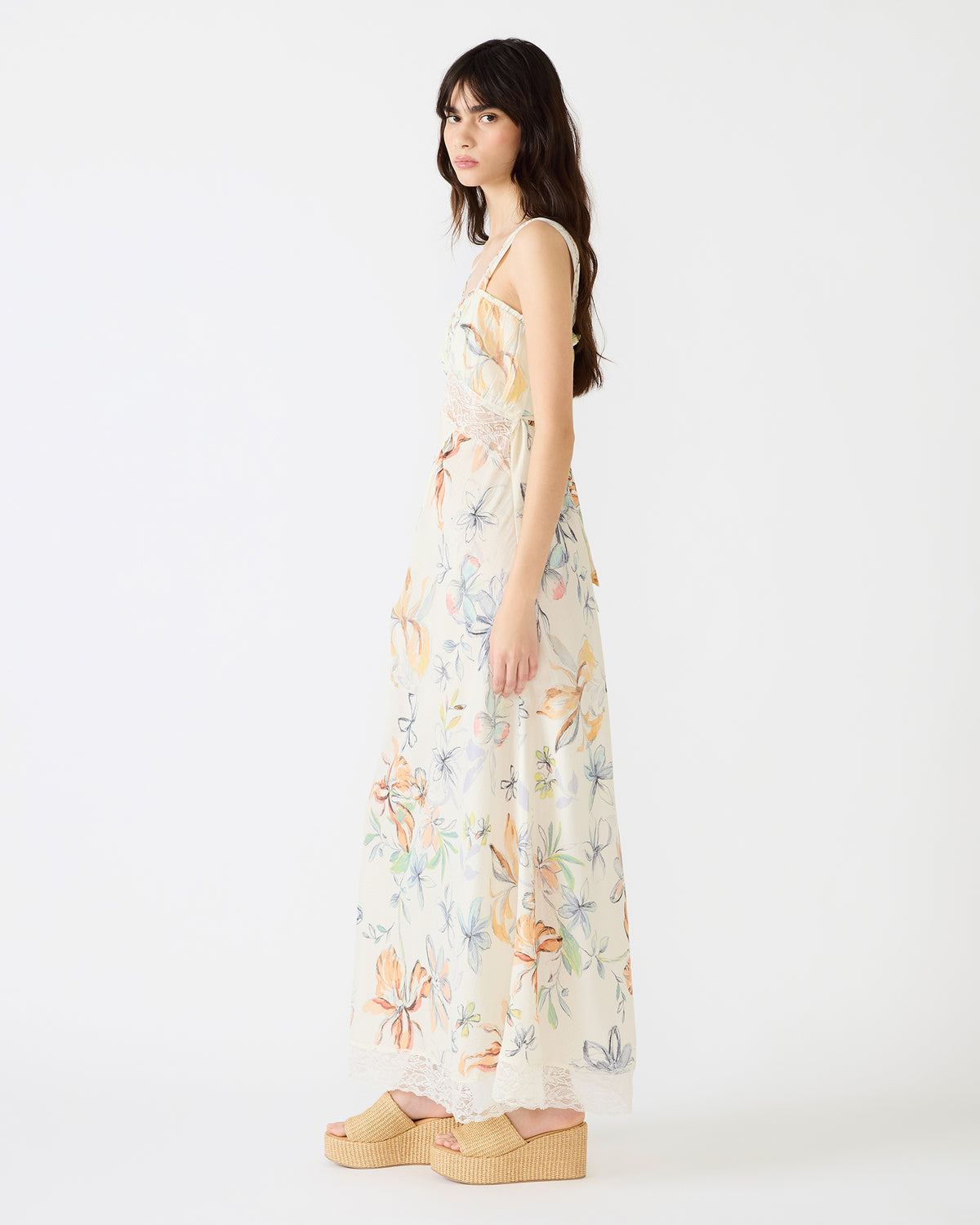 ALEXUS Vintage Ivory Flowy Lace Trim Flowy Women's Maxi Dress Steve Madden VINTAGE IVORY