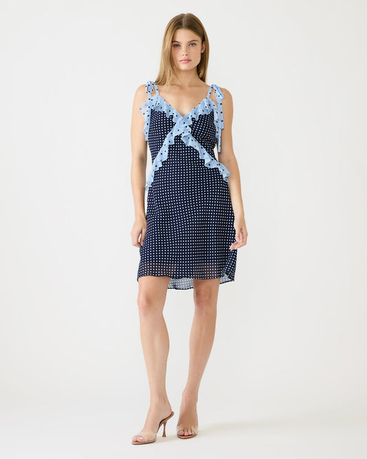 ADALINA Vintage Navy Polka Dot Ruffle Flowy Women's Mini Dress Steve Madden VINTAGE NAVY