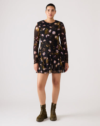 BLISS Black Ditsy Floral Long-Sleeved Floral Print Mesh Sheer Mini Women's Dress Steve Madden BLACK DITSY FLORAL