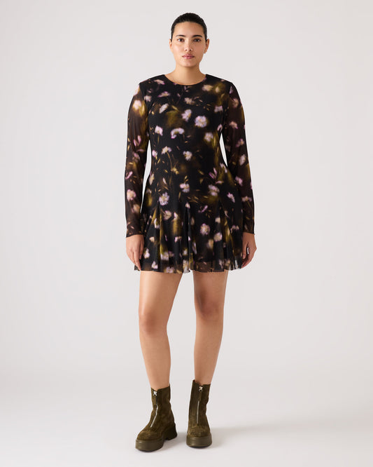 BLISS Black Ditsy Floral Long-Sleeved Floral Print Mesh Sheer Mini Women's Dress Steve Madden BLACK DITSY FLORAL