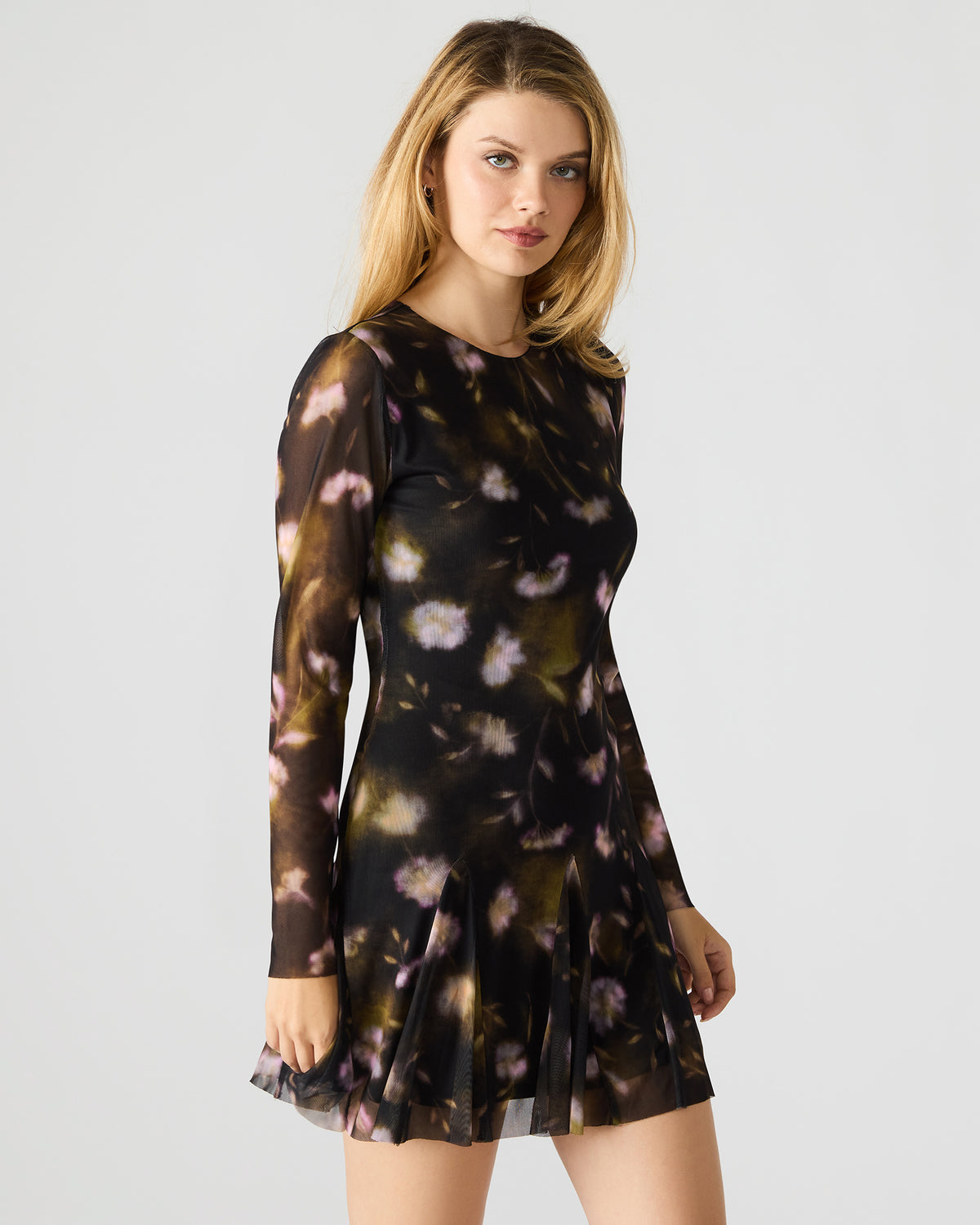 BLISS Black Ditsy Floral Long-Sleeved Floral Print Mesh Sheer Mini Women's Dress Steve Madden BLACK DITSY FLORAL