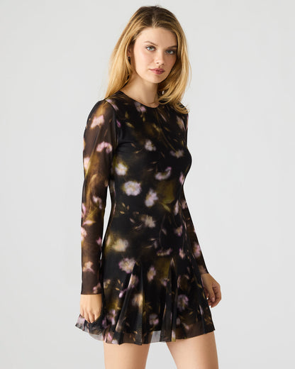 BLISS Black Ditsy Floral Long-Sleeved Floral Print Mesh Sheer Mini Women's Dress Steve Madden BLACK DITSY FLORAL