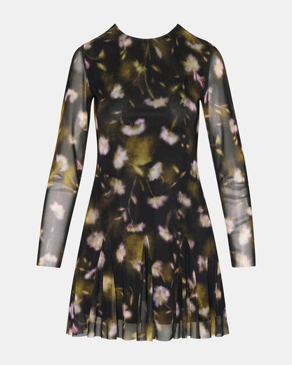 BLISS Black Ditsy Floral Long-Sleeved Floral Print Mesh Sheer Mini Women's Dress Steve Madden BLACK DITSY FLORAL