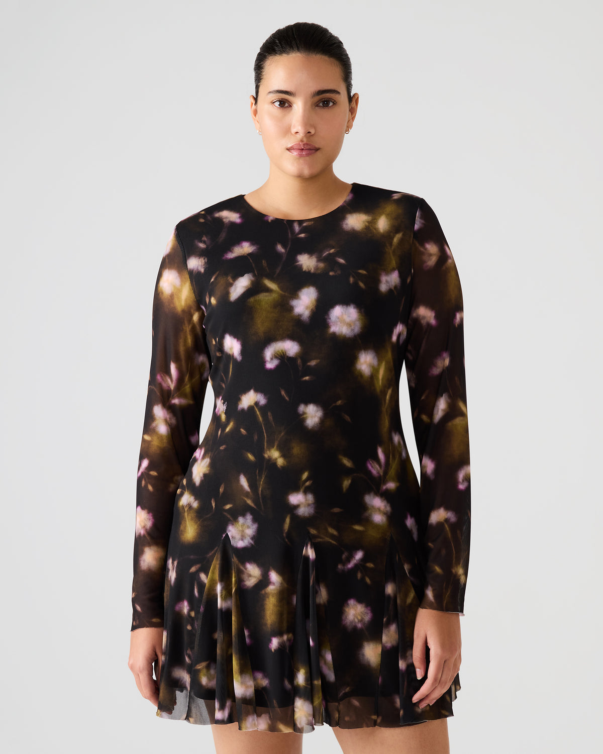 BLISS Black Ditsy Floral Long-Sleeved Floral Print Mesh Sheer Mini Women's Dress Steve Madden BLACK DITSY FLORAL
