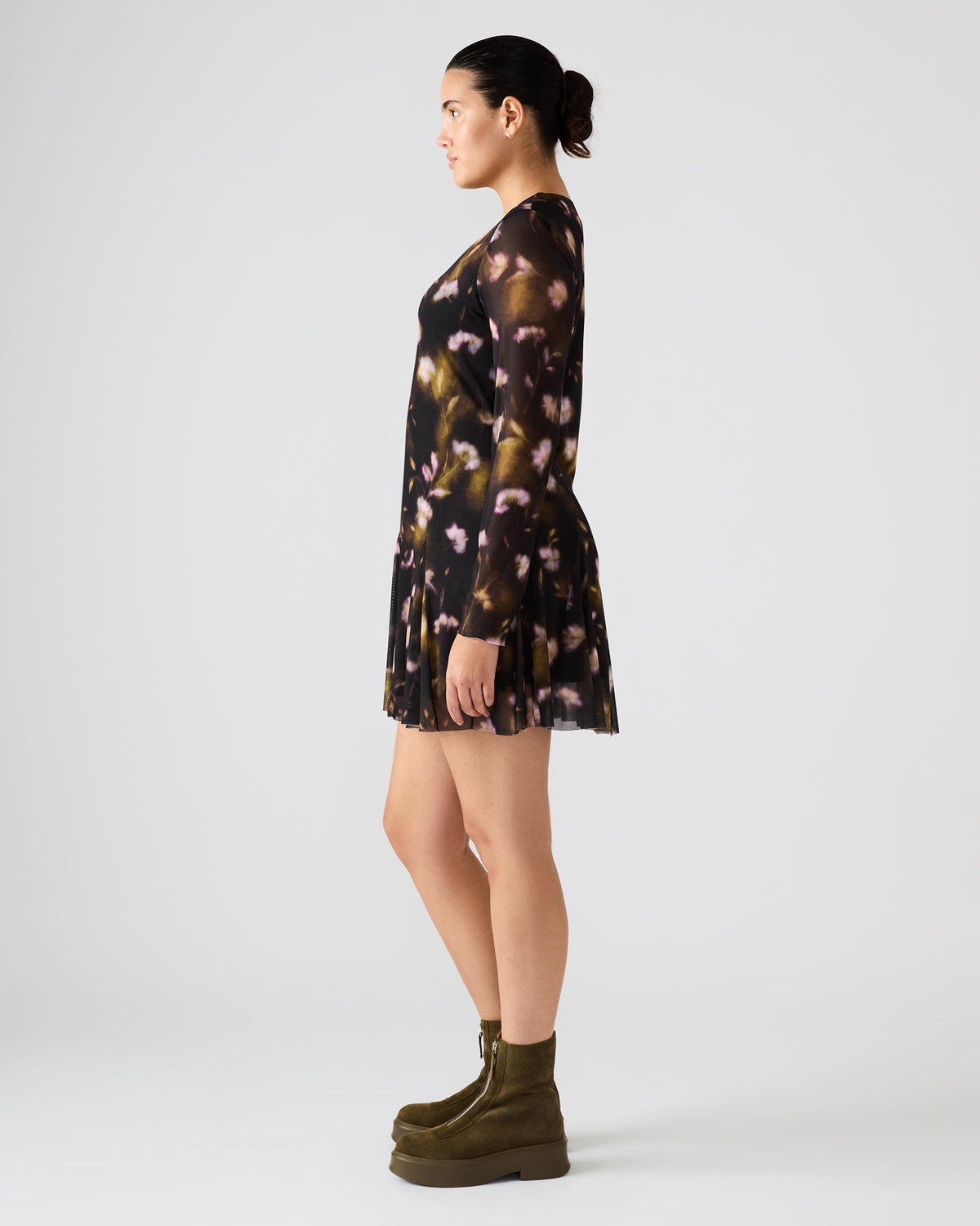 BLISS Black Ditsy Floral Long-Sleeved Floral Print Mesh Sheer Mini Women's Dress Steve Madden BLACK DITSY FLORAL
