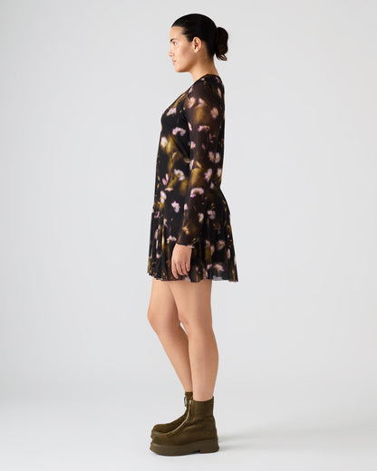 BLISS Black Ditsy Floral Long-Sleeved Floral Print Mesh Sheer Mini Women's Dress Steve Madden BLACK DITSY FLORAL