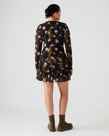 BLISS Black Ditsy Floral Long-Sleeved Floral Print Mesh Sheer Mini Women's Dress Steve Madden BLACK DITSY FLORAL