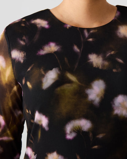 BLISS Black Ditsy Floral Long-Sleeved Floral Print Mesh Sheer Mini Women's Dress Steve Madden BLACK DITSY FLORAL