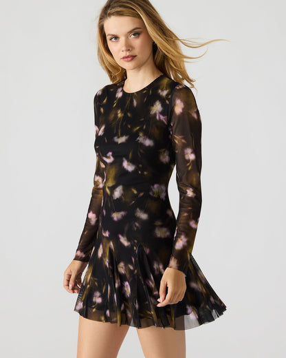 BLISS Black Ditsy Floral Long-Sleeved Floral Print Mesh Sheer Mini Women's Dress Steve Madden BLACK DITSY FLORAL