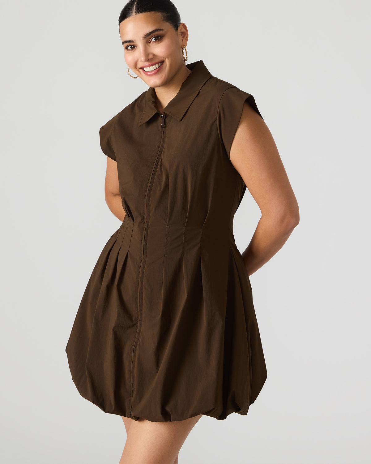 DYANNE Dark Espresso Women's Zip-Front Bubble-Hem Dress Steve Madden DARK ESPRESSO