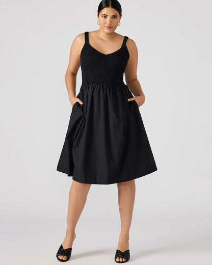 FLEUR Black Flowy Smocked Midi Women's Dress Steve Madden BLACK