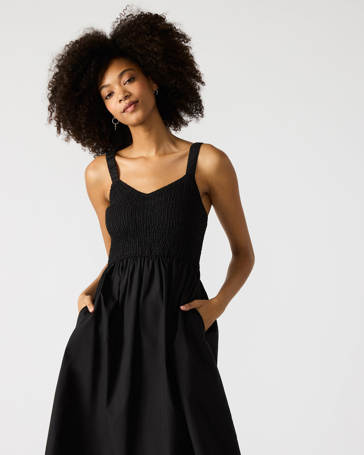 FLEUR Black Flowy Smocked Midi Women's Dress Steve Madden BLACK