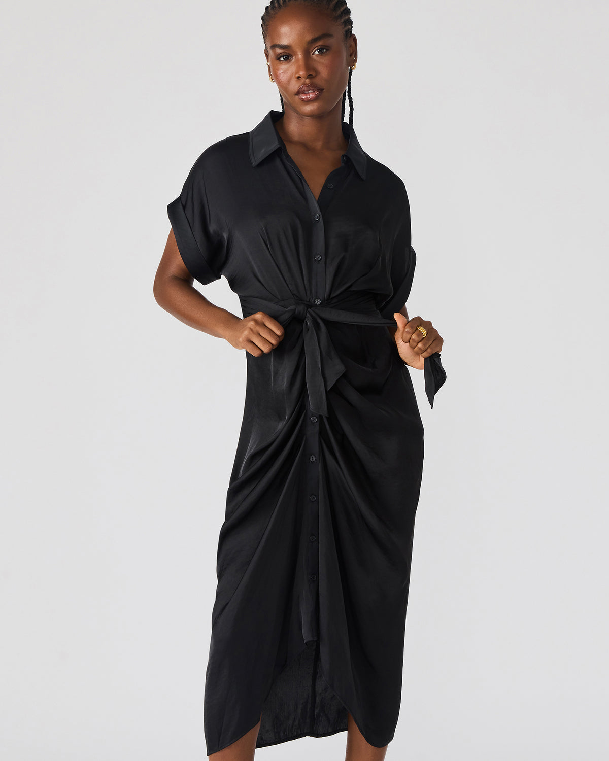 TORI Black Button Up Collared Midi Dress Steve Madden BLACK