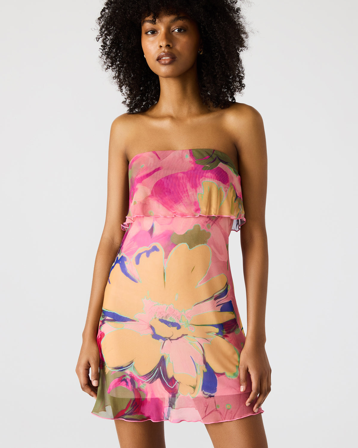 BRYAR Multi Strapless Flowy Mesh Overlay Floral Print Mini Women's Dress Steve Madden MULTI