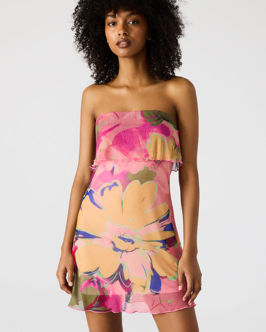 BRYAR Multi Strapless Flowy Mesh Overlay Floral Print Mini Women's Dress Steve Madden MULTI