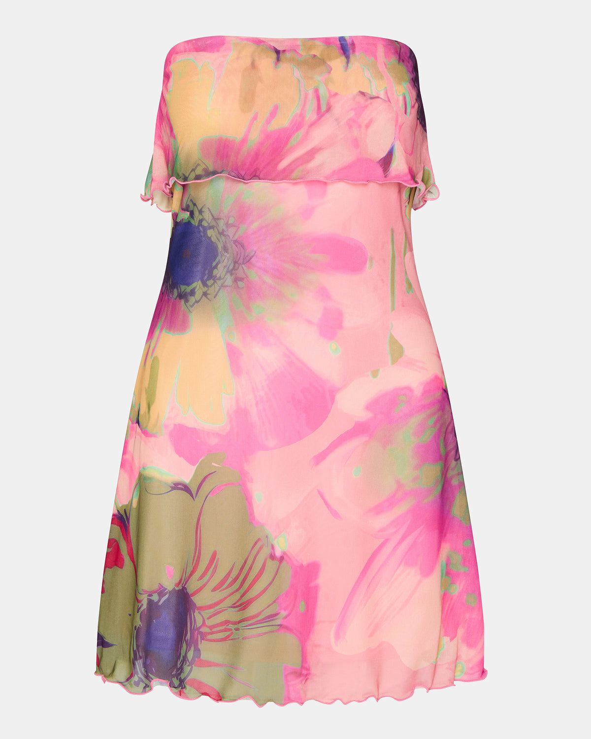 BRYAR Multi Strapless Flowy Mesh Overlay Floral Print Mini Women's Dress Steve Madden MULTI