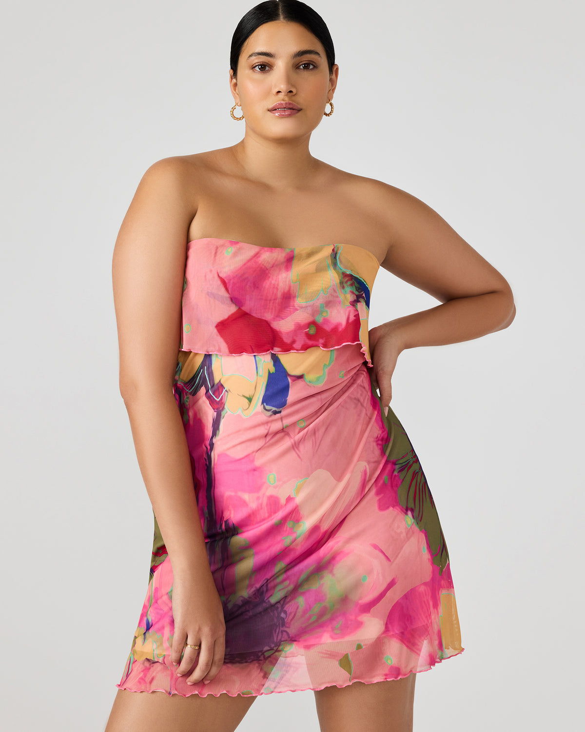 BRYAR Multi Strapless Flowy Mesh Overlay Floral Print Mini Women's Dress Steve Madden MULTI
