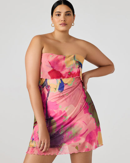 BRYAR Multi Strapless Flowy Mesh Overlay Floral Print Mini Women's Dress Steve Madden MULTI