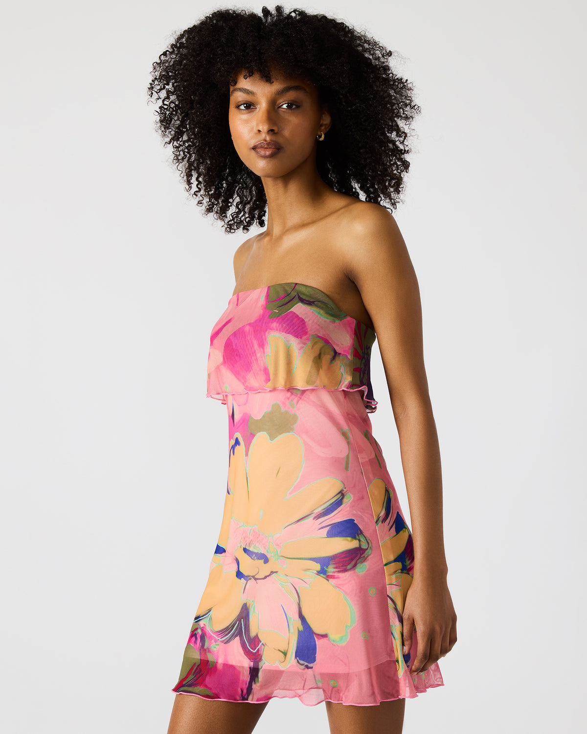 BRYAR Multi Strapless Flowy Mesh Overlay Floral Print Mini Women's Dress Steve Madden MULTI