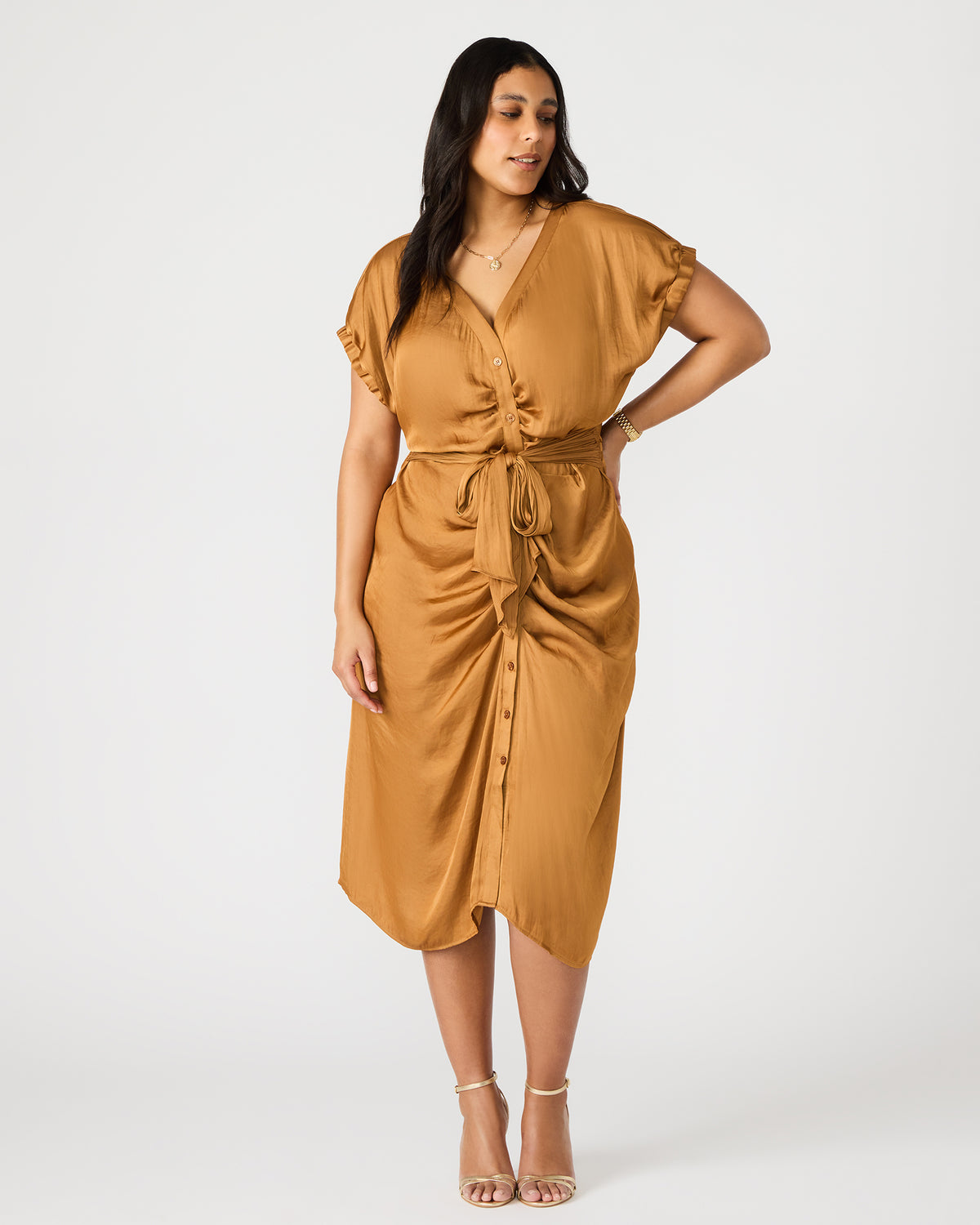 BRUNO Caramel Women's Button-Up Short-Sleeved Midi Dress Steve Madden CARAMEL