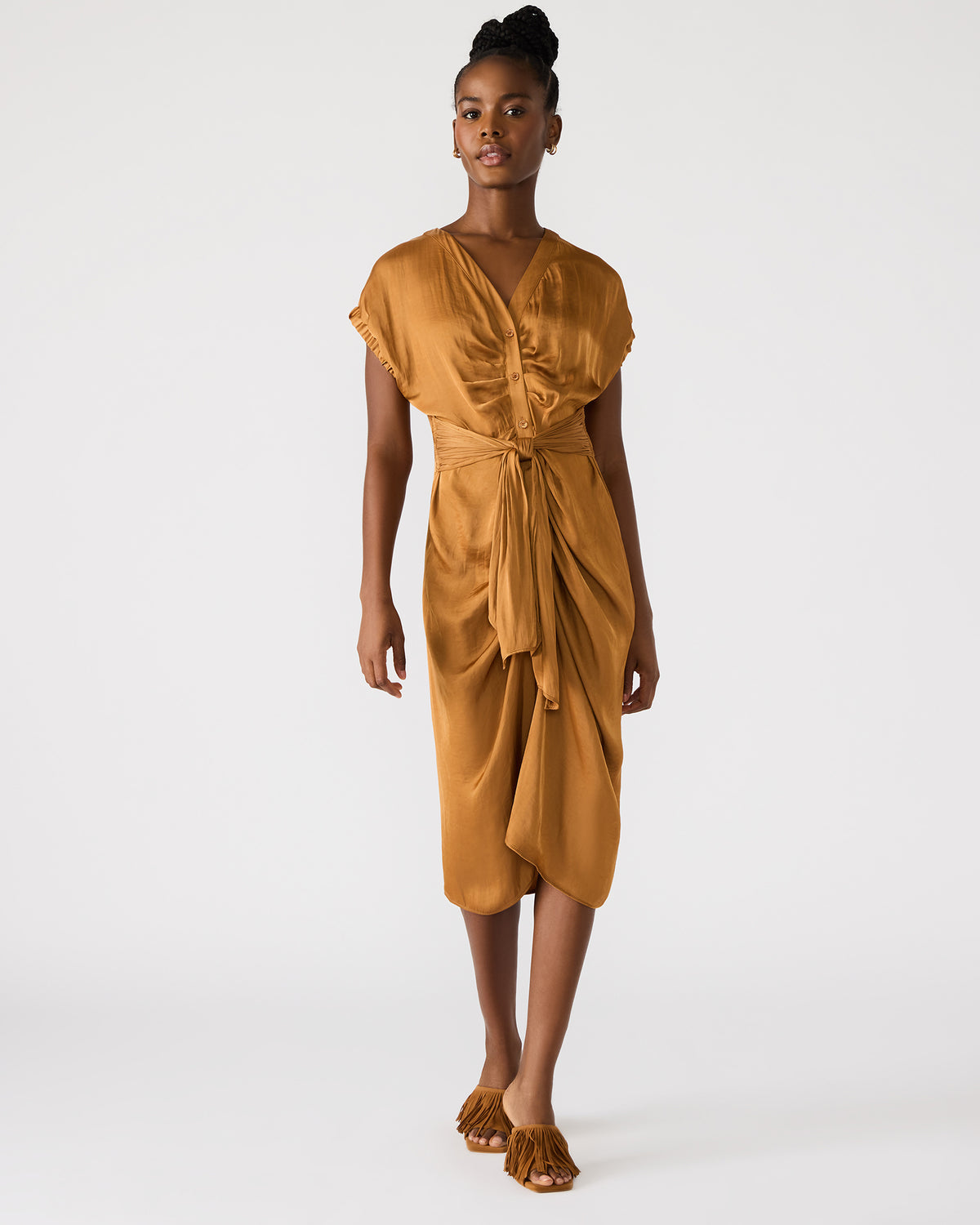 BRUNO Caramel Women's Button-Up Short-Sleeved Midi Dress Steve Madden CARAMEL