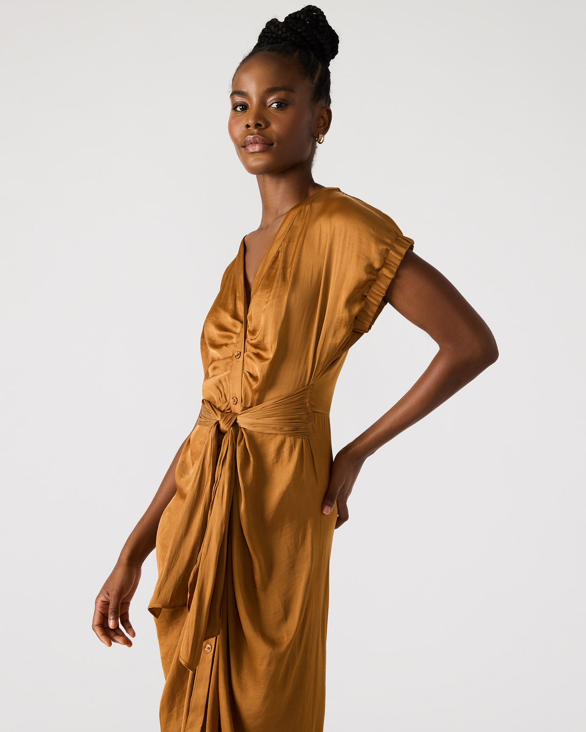 BRUNO Caramel Women's Button-Up Short-Sleeved Midi Dress Steve Madden CARAMEL